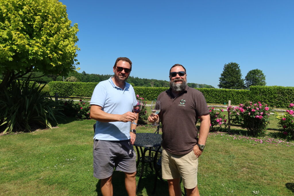 back at the estate gardens, our wine-maker and viticulturist sample the final product